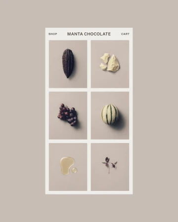 Web interface mockup for Manta Chocolate featuring a six-panel grid of ingredients on a neutral background