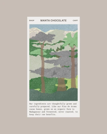 Manta chocolate website screen showing an illustrated landscape with tall trees, mountains, and descriptive text underneath.