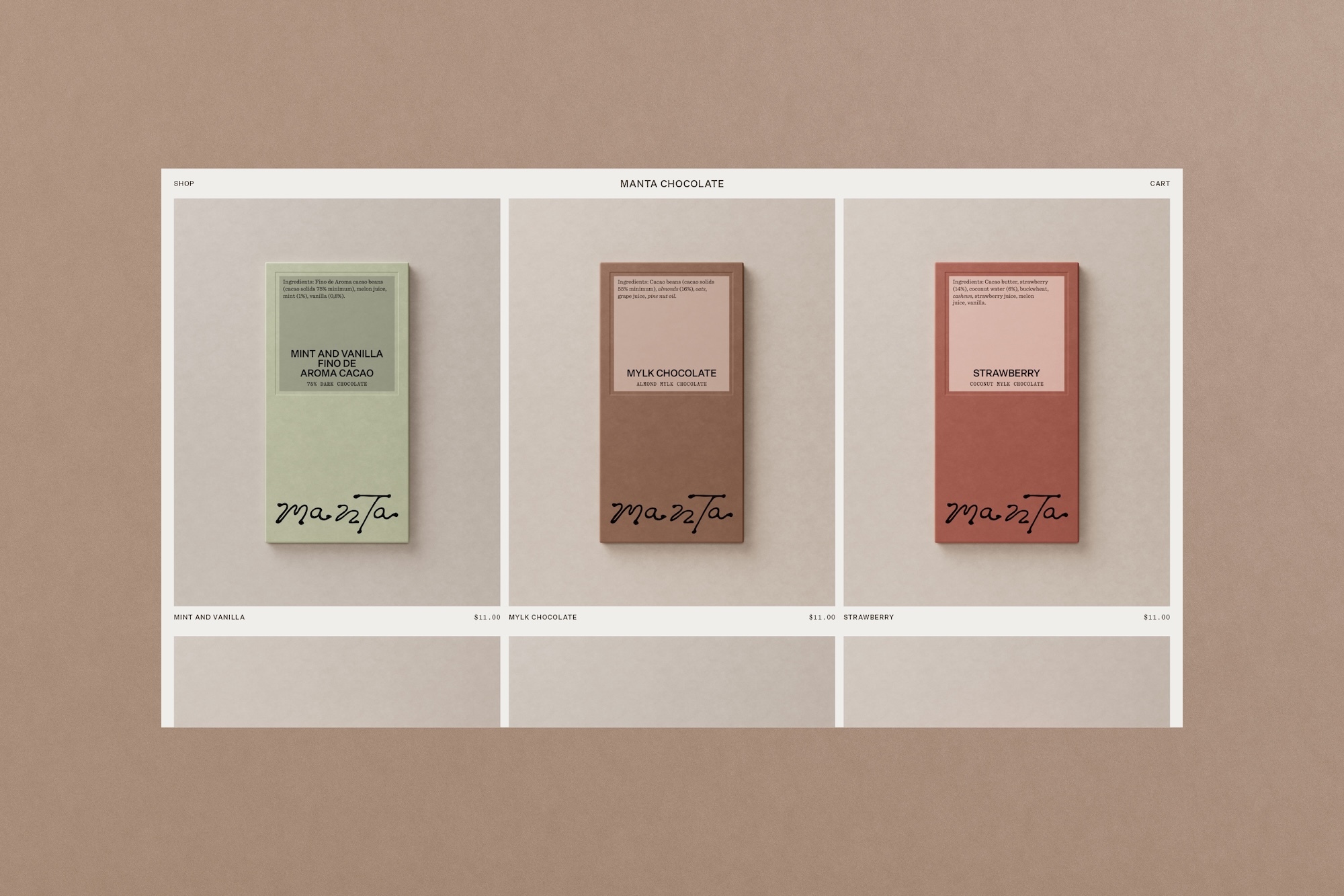 Web interface mockup showcasing three different Manta chocolate bar packaging designs against a neutral taupe background.