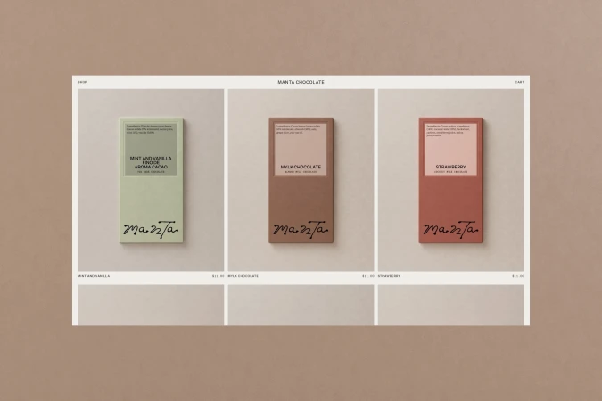 Web interface mockup showcasing three different Manta chocolate bar packaging designs against a neutral taupe background.