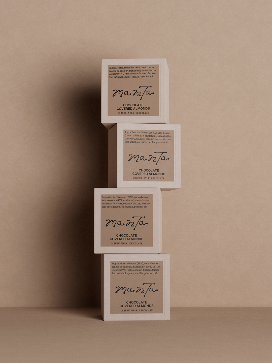 Four square product boxes stacked vertically in a tower against a neutral beige background