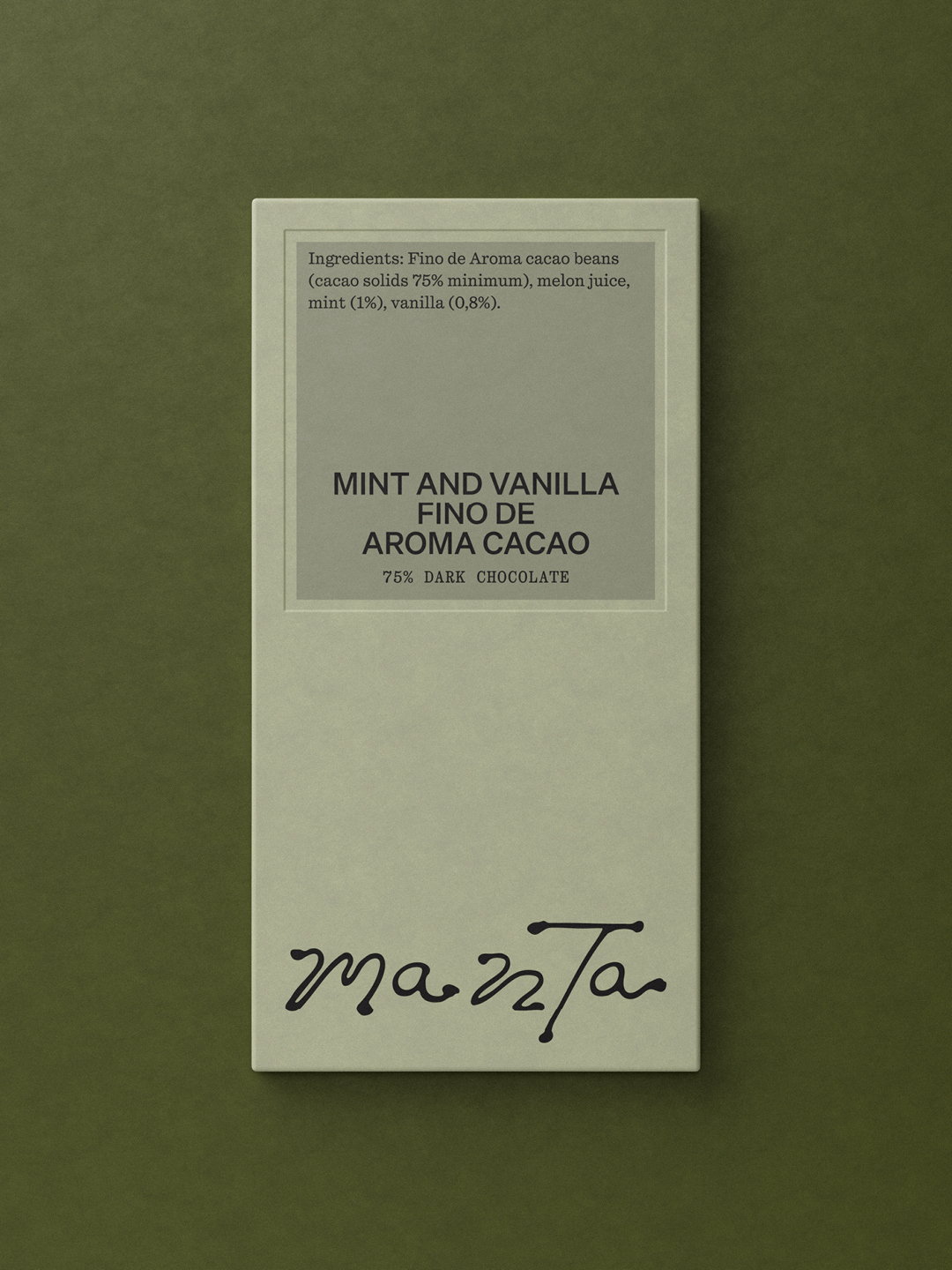 Manta chocolate bar packaging with sage green wrapper and dark typography on an olive green textured background