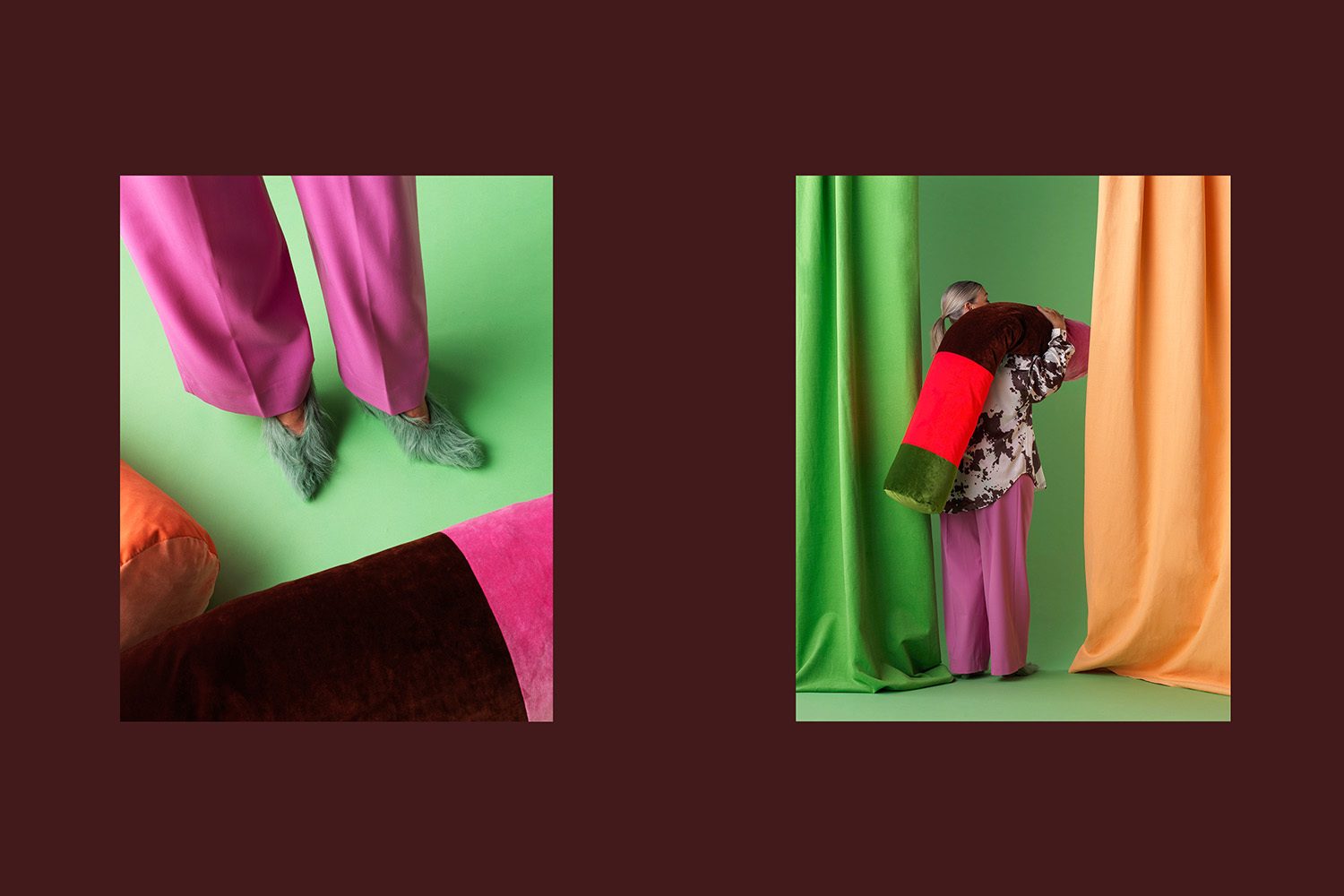 Diptych featuring magenta trousers with fuzzy green shoes in one panel and a woman holding a large bolster cushion in the other.