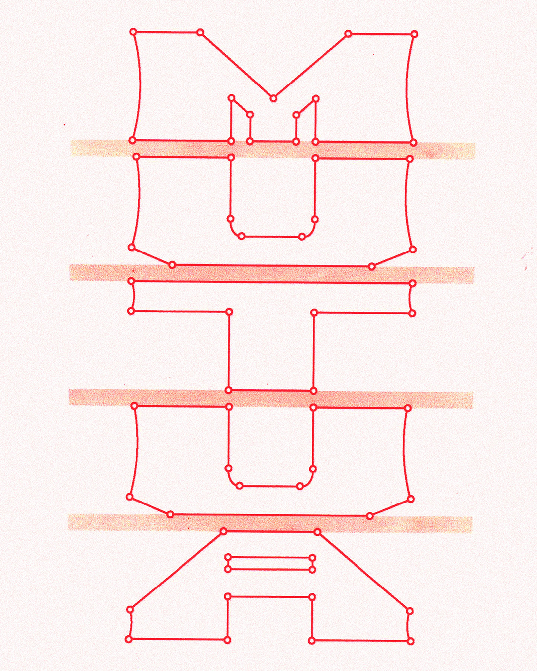 Red vector typography outline spelling MUTUA with node points over pale pink paper texture background for Salsa Mutua brand identity