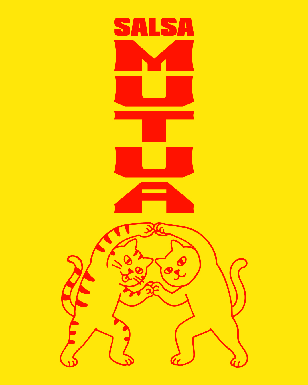 Graphic illustration of two stylized cats forming a heart with their arms beneath bold red Salsa Mutua typography on a solid yellow background