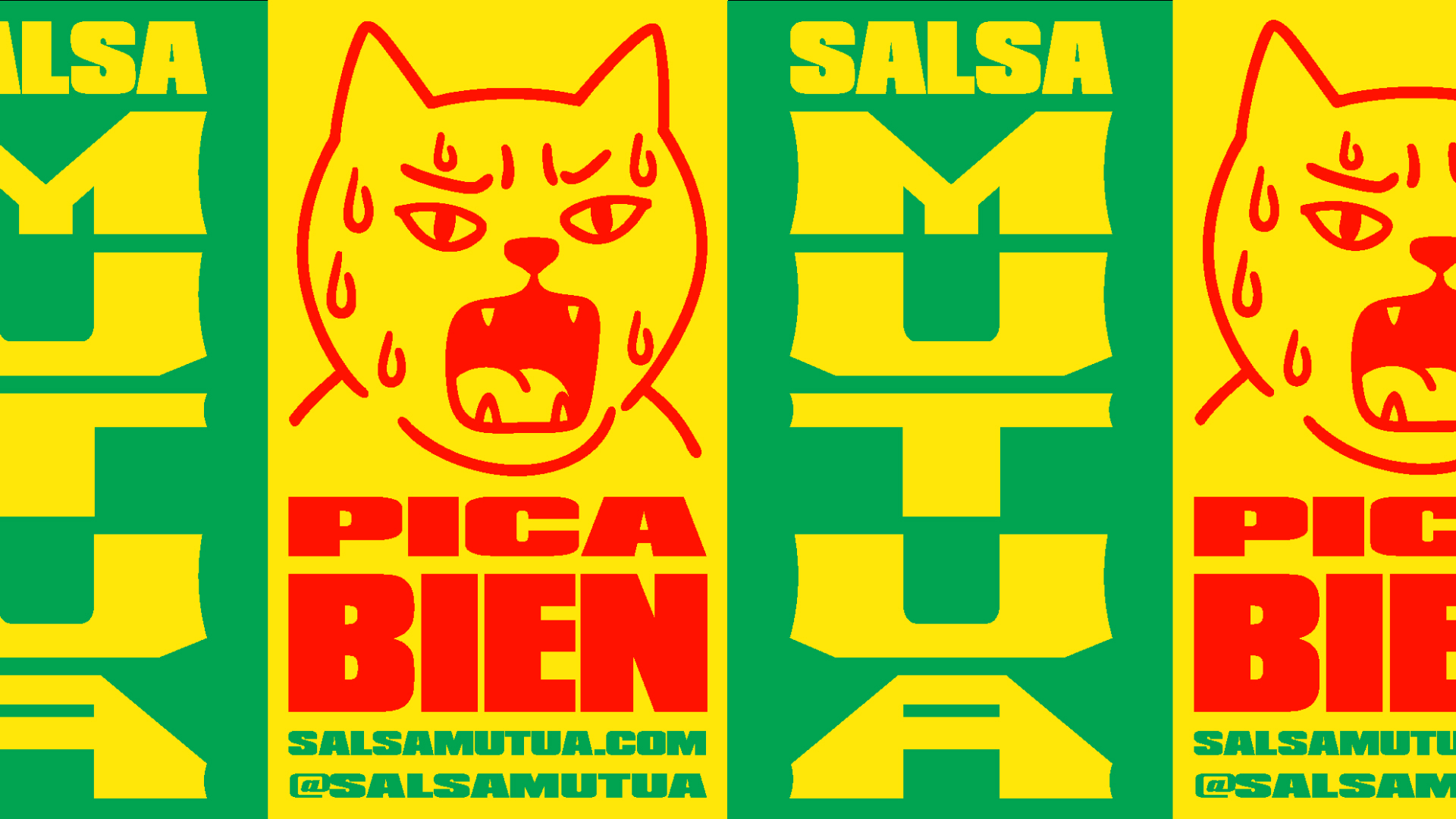 Graphic design pattern featuring a sweating cat illustration and bold typography with Salsa Mutua branding