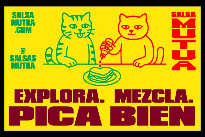 Graphic illustration of two cartoon cats pouring hot sauce on a sandwich against a bright yellow background for Salsa Mutua.