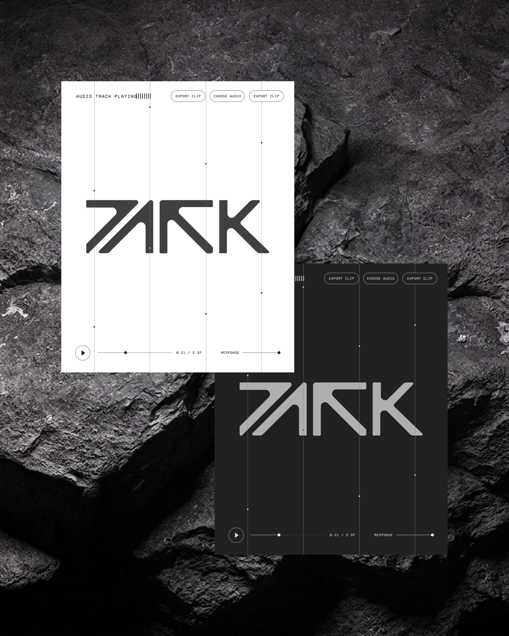 Two graphic layout cards featuring the Park logo set against a dark textured rock background