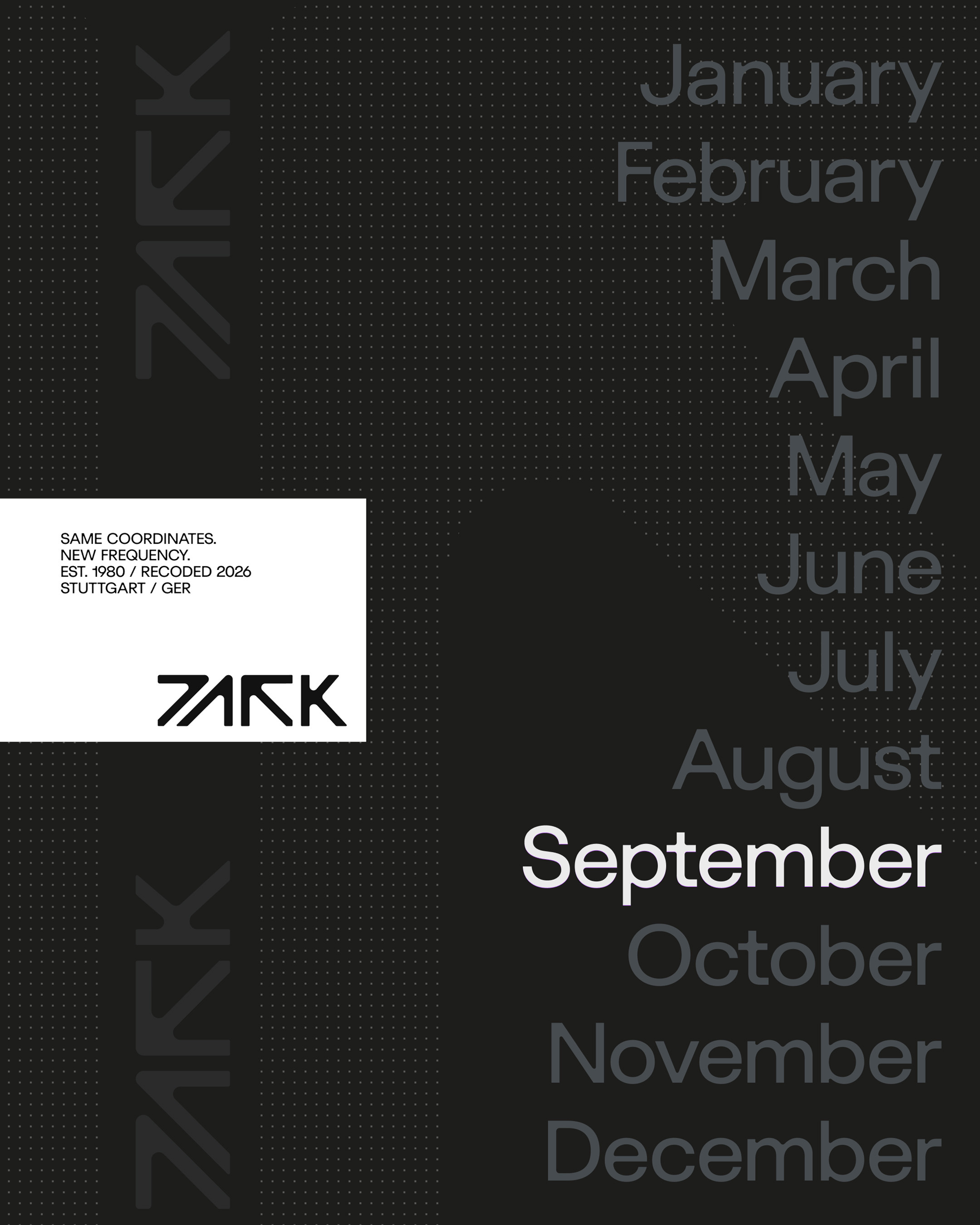 Dark graphic design poster featuring the months of the year with September highlighted in white text for PARK club branding