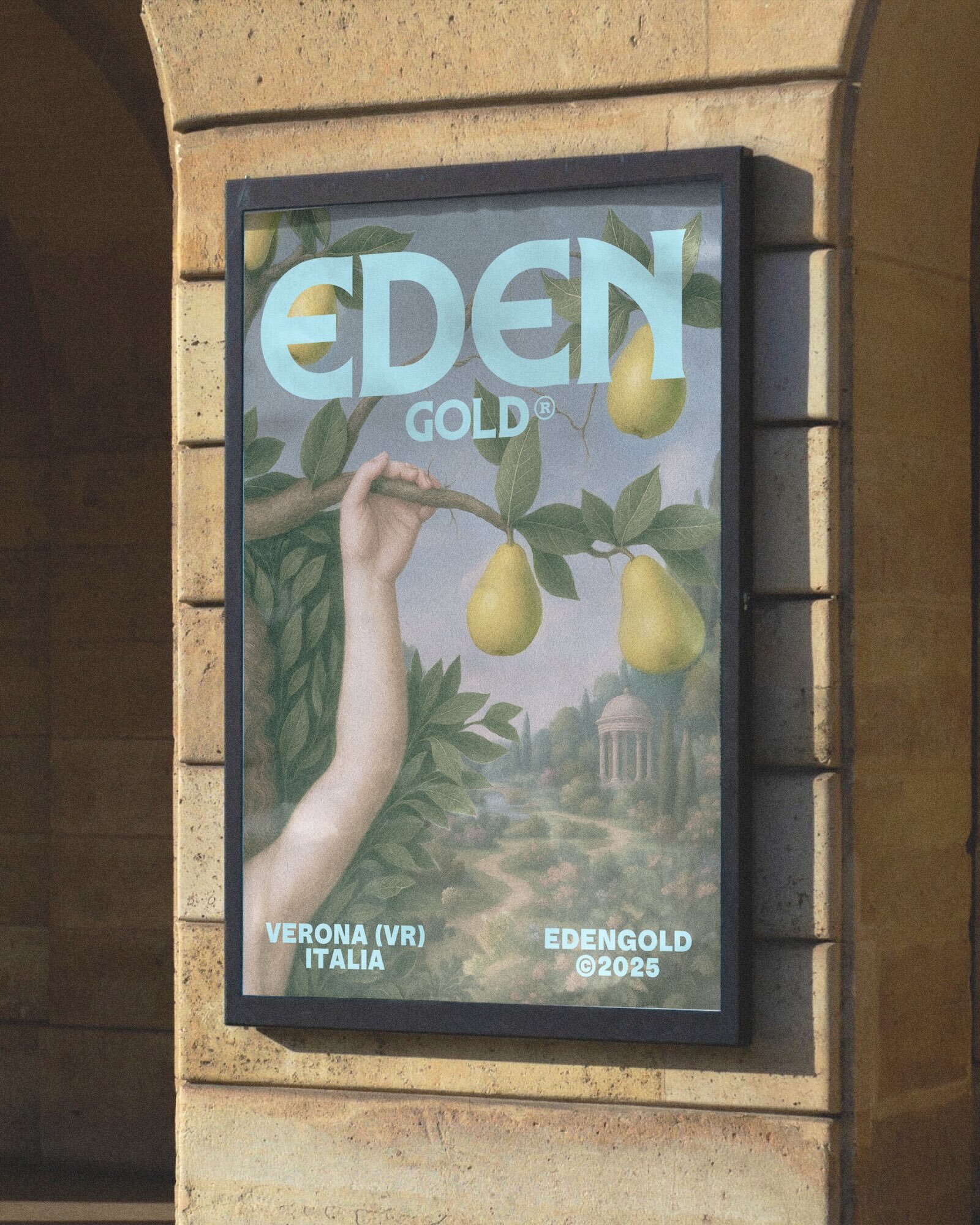 An outdoor advertising poster featuring a classical illustration of pears on a branch with text for Eden Gold