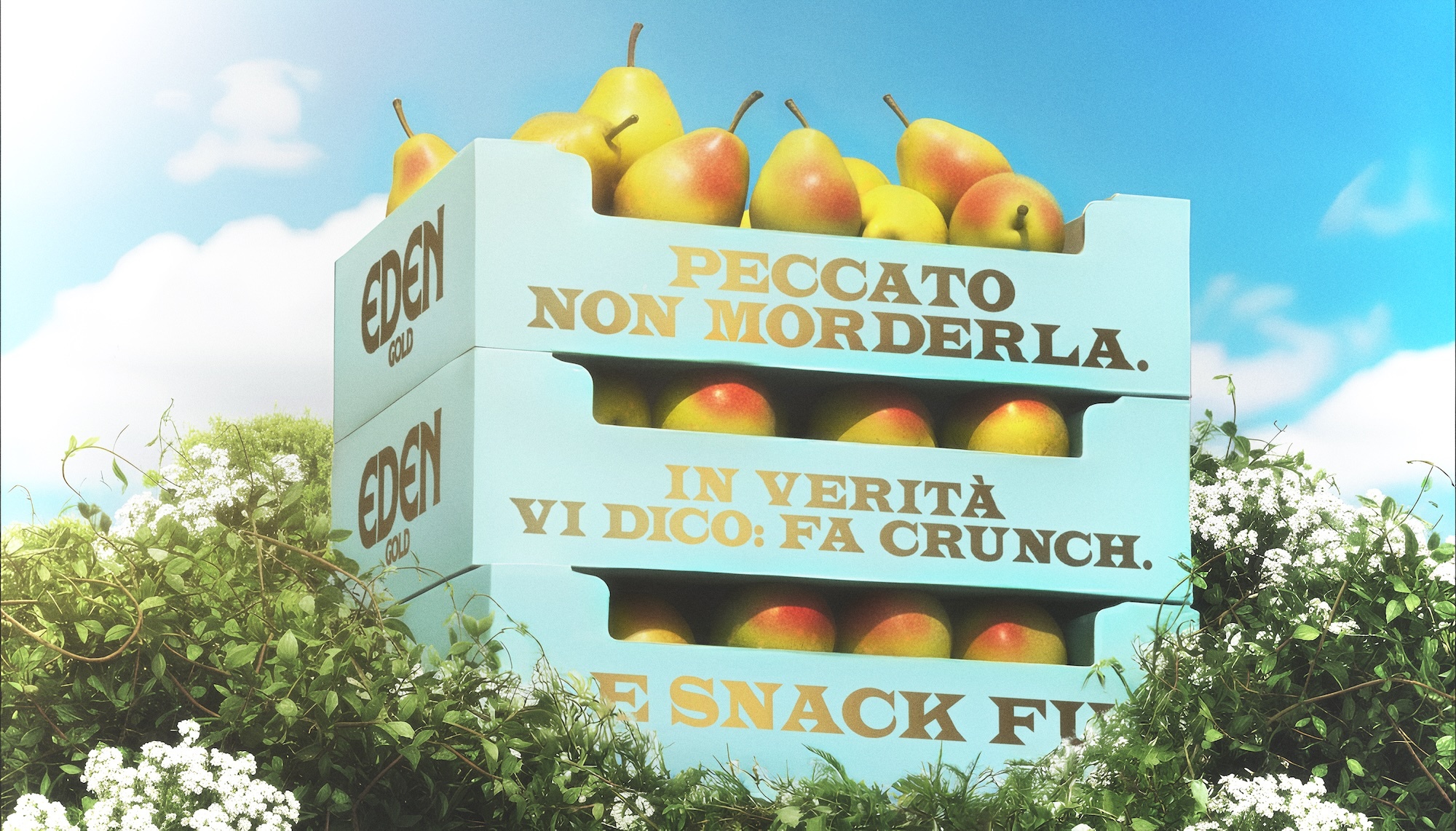 Stacked light blue wooden crates filled with fresh yellow and red pears outdoors against a bright blue sky with white clouds.