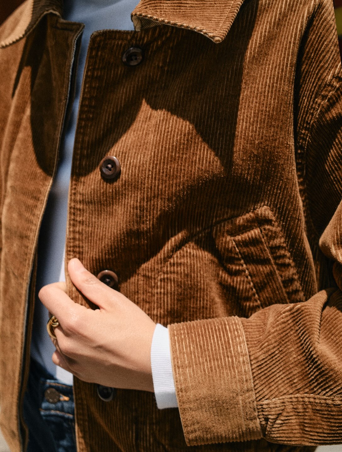 Close-up of a brown corduroy jacket worn over a blue top, photographed by Sonia Szóstak for Banana Republic September 2026.
