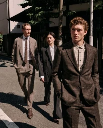 Three models walking down a sunny street in tailored suits for Banana Republic September campaign by Sonia Szostak
