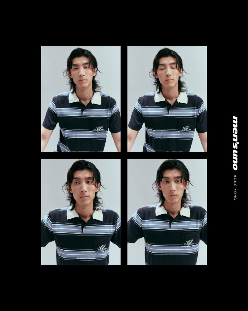 Menswear fashion shot: Young adult male model showcases striped polo shirt in a grid of four portrait-style photos against gray.