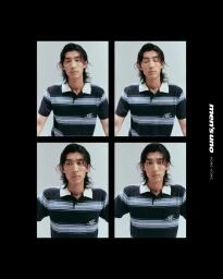 Four-panel portrait grid of a male model with dark hair wearing a striped polo shirt against a neutral background.