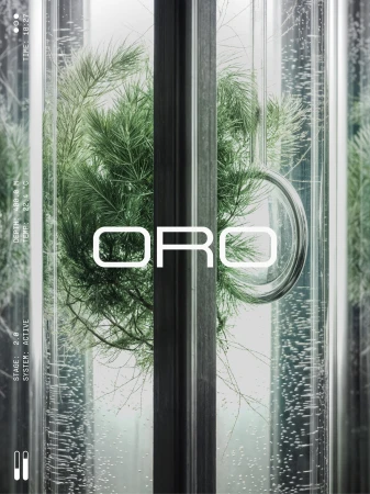Close-up of green pine branches submerged inside a vertical glass water cylinder with air bubbles and metallic hardware