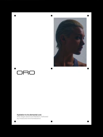 Graphic design layout for Oro brand identity showing a profile portrait of a woman inside a framed white grid with typography.