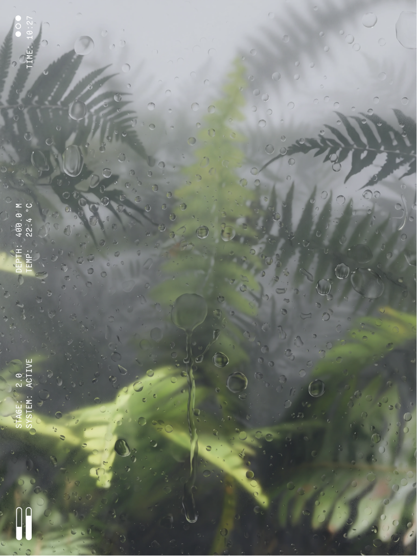 Close-up of green fern fronds viewed through a wet glass window covered in water droplets with overlaid digital HUD interface data.