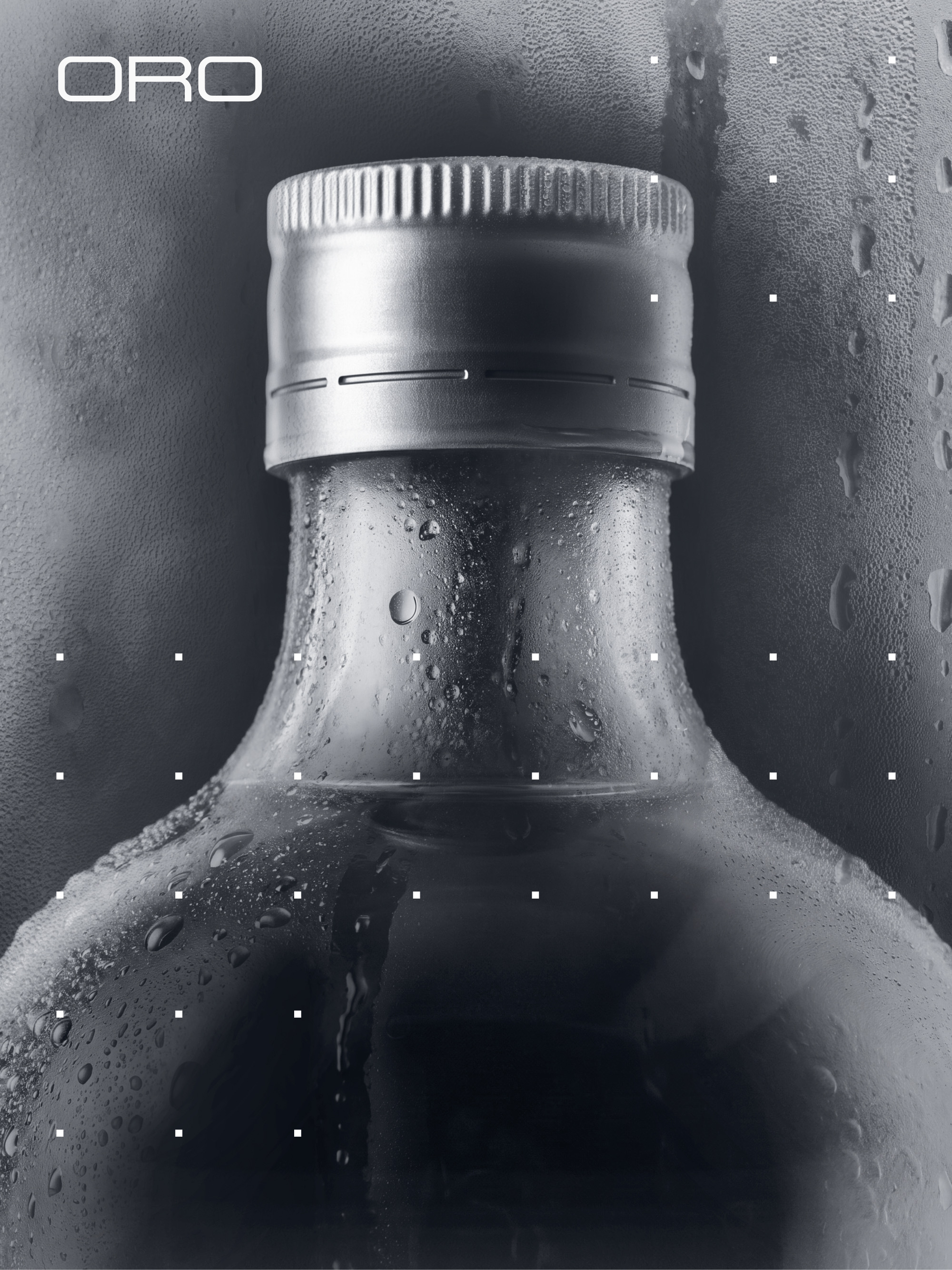 Close-up product shot of a glass bottle neck covered in condensation with a ridged metal cap, featuring ORO branding.