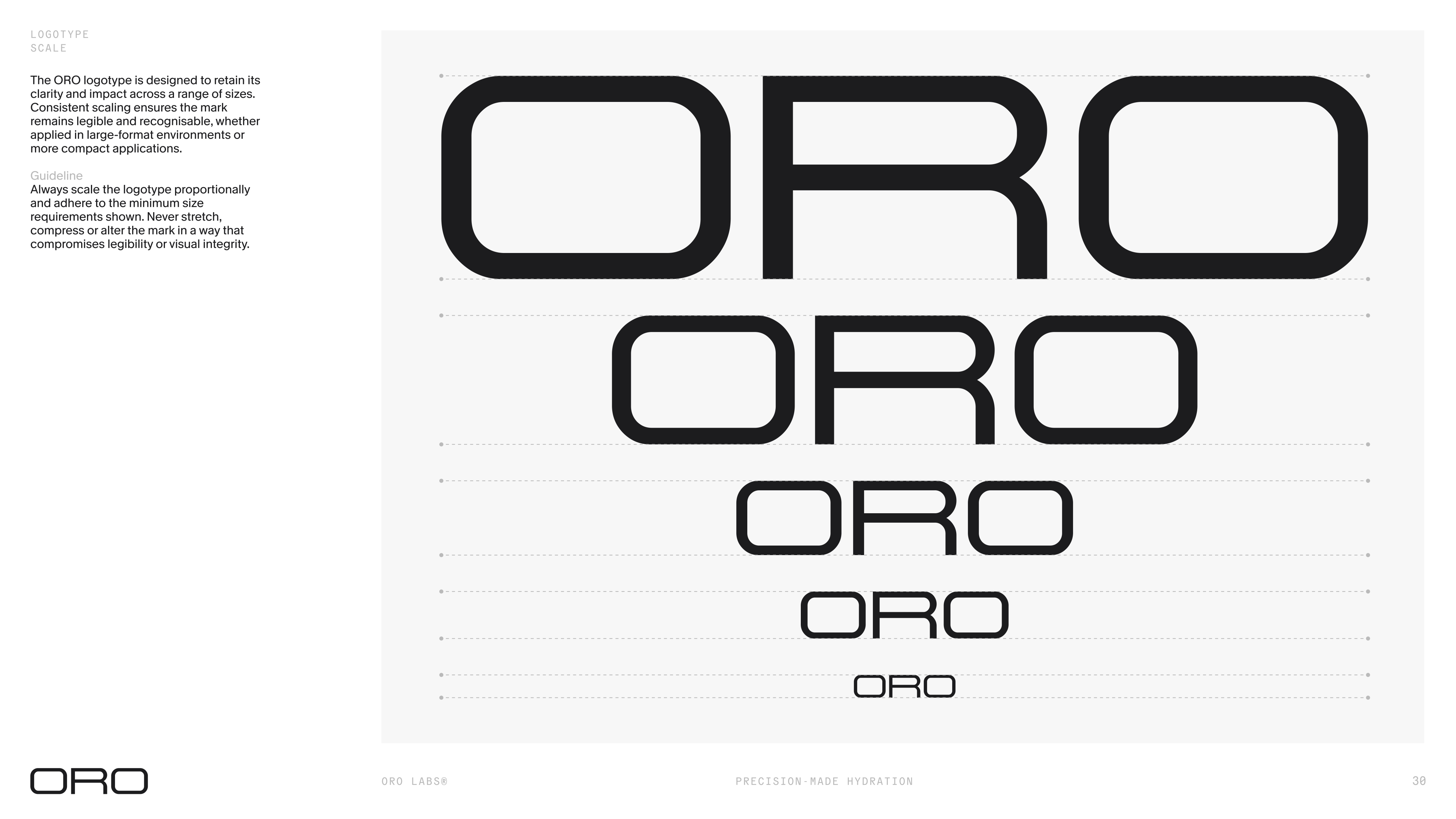 Oro brand identity guidelines showing logotype scaling on a white background with alignment grid lines