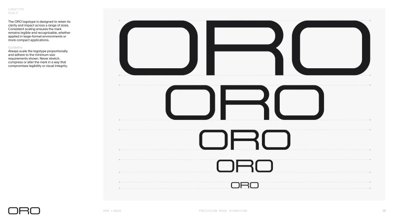Oro brand identity guidelines showing logotype scaling on a white background with alignment grid lines