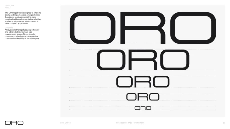 Oro brand identity guidelines showing logotype scaling on a white background with alignment grid lines