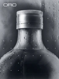 Close-up product shot of a glass bottle neck covered in condensation with a ridged metal cap, featuring ORO branding.