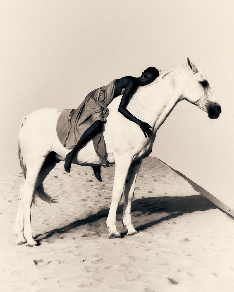 Adult female in draped cloth rests on a white horse on sand in a monochrome studio portrait with soft lighting and shallow depth of field.