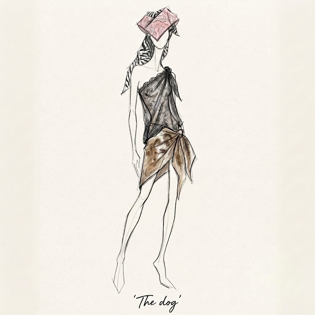 Fashion illustration of a standing female figure wearing an asymmetrical patterned top, wrapped skirt, and sculptural hat.