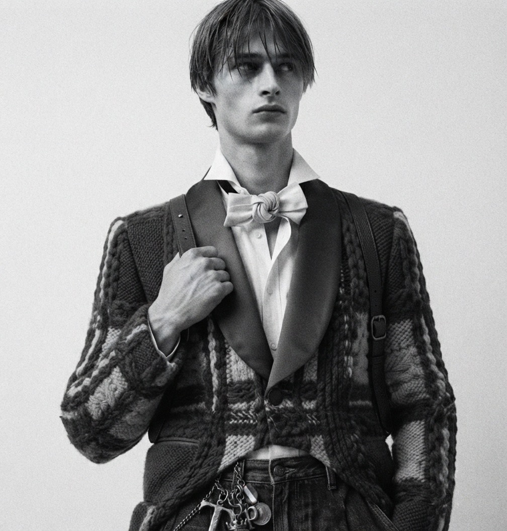 Young man in a patterned knit cardigan, white shirt, and bow tie against a seamless background