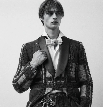 Young man in a patterned knit cardigan, white shirt, and bow tie against a seamless background