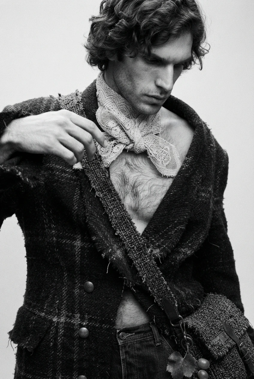Man with curly hair wearing a dark textured jacket and lace necktie by designer Taposhi Rabeya