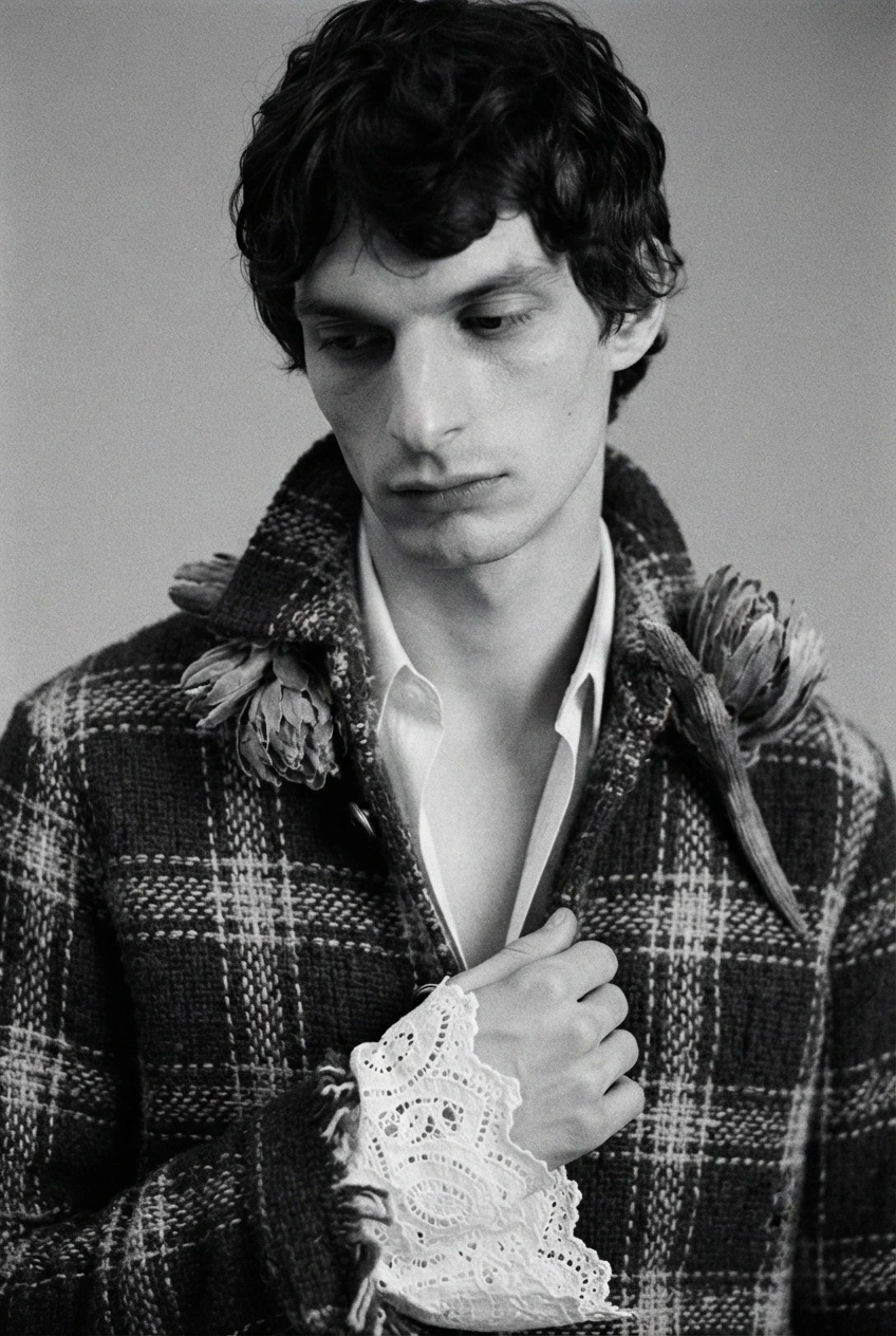 Portrait of a man in a plaid jacket with floral details on the collar and lace cuffs designed by Taposhi Rabeya.