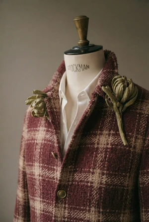 Mannequin wearing a plaid burgundy jacket over a white collared shirt decorated with dried flower lapel pins
