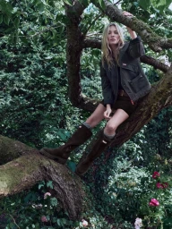 Kate Moss sitting in a tree wearing a dark green jacket and tall boots for the Hunter Iconic by Nature campaign.