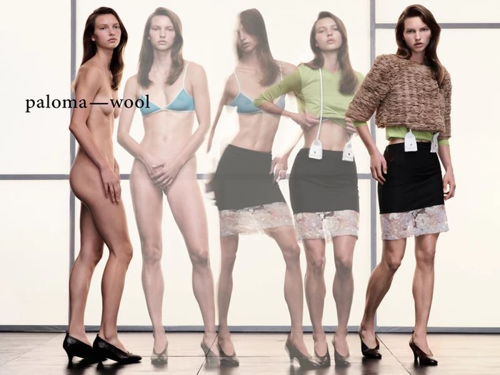 Multiple overlapping poses of a female model getting dressed against a light grid background in a Paloma Wool campaign