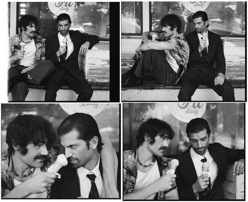 Monochrome four-panel editorial image featuring two men eating ice cream cones while seated outdoors together.