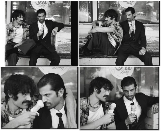 Monochrome four-panel editorial image featuring two men eating ice cream cones while seated outdoors together.