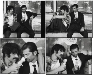 Monochrome four-panel editorial image featuring two men eating ice cream cones while seated outdoors together.