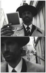 Man wearing a fedora hat and trench coat holding a polaroid photo outdoors in a split frame black and white editorial image.