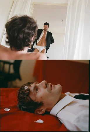 Split-frame fashion editorial showing a man seen from behind in the foreground and reflected in a doorway wearing briefs and an open suit jacket, and lying on a red bed