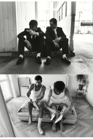 Two split-frame black and white editorial photographs showing men in suits outdoors and in white tank tops indoors on a bed.
