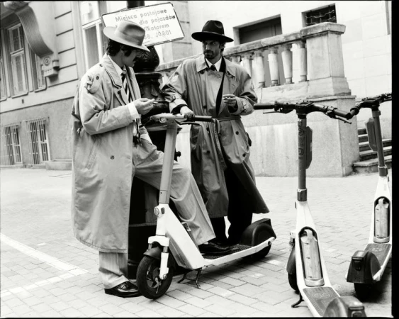 Two men in trench coats and fedoras standing on a city street beside electric scooters.