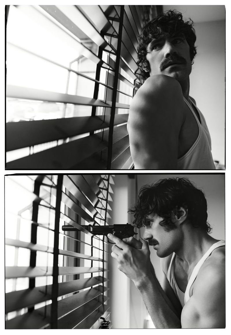Black and white editorial diptych of a man with a mustache in a white tank top holding a pistol near window blinds by Arthur Iskandarov.