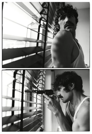 Black and white editorial diptych of a man with a mustache in a white tank top holding a pistol near window blinds by Arthur Iskandarov.