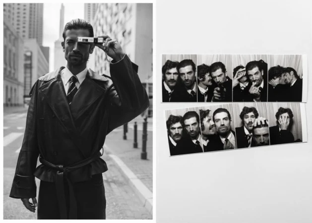 Black and white editorial image of a man holding a small camera to his eye alongside two vintage photo strips