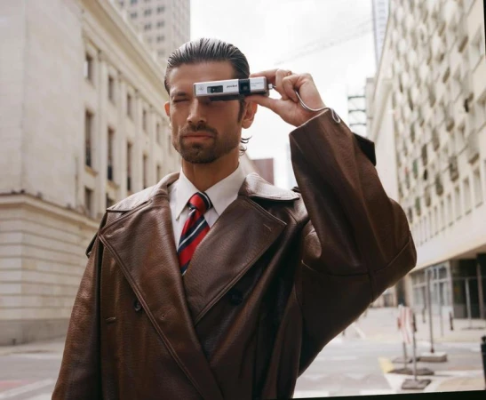 Model wearing a brown leather coat and striped tie holding a pocket camera to his eye outdoors on a city street.