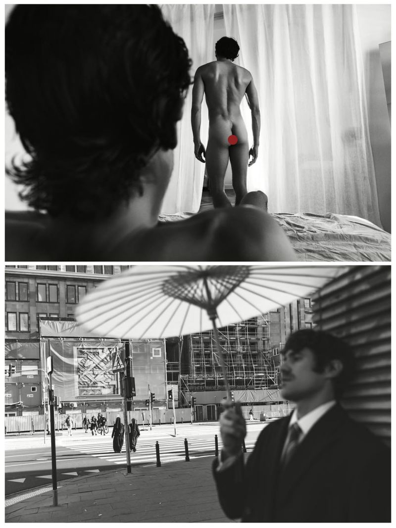 Black and white composite photo featuring a man in the foreground looking towards a standing nude figure and an urban street scene below.