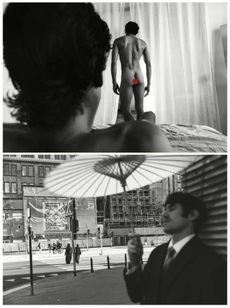 Black and white composite photo featuring a man in the foreground looking towards a standing nude figure and an urban street scene below.