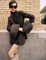 Model Liu Wen wearing oversized sunglasses and textured brown coat outdoors against a stone and brick wall